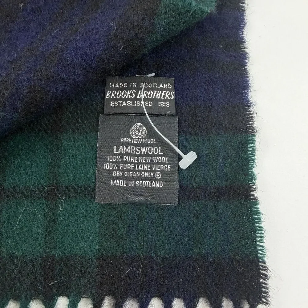Brooks Brothers Black Watch Lambswool Scarf Blue Green Tartan Fringe 54 x 12